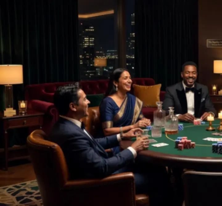 Goście bawiący się przy stole pokerowym w swobodnej, eleganckiej atmosferze