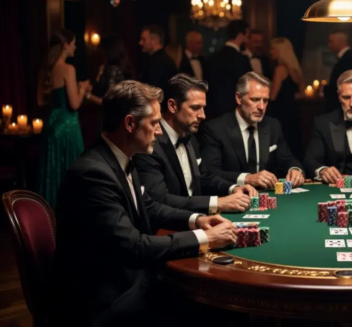 Wieczór pokerowy z uczestnikami bawiącymi się przy eleganckim stole